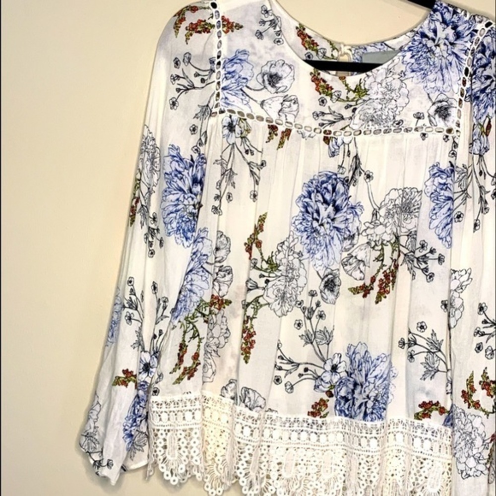 Maeve anthro blue floral top lace crochet trim